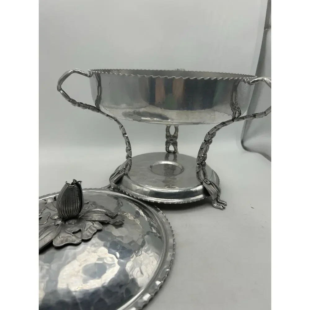 Pyrex Food Warmer Chafing Hammered Aluminum Rodney Kent 1950s MCM Tulip.